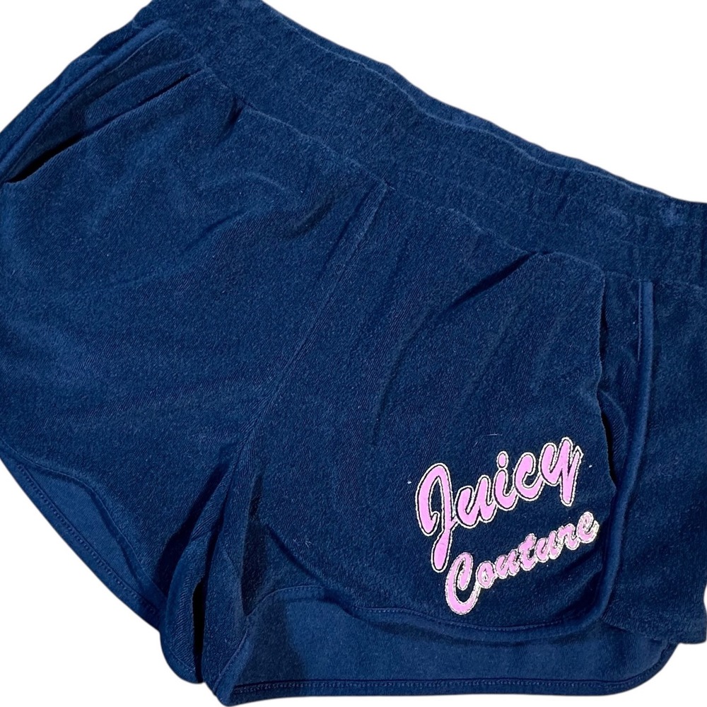 Juicy Couture Terry Cloth Shorts Women's Small Navy Blue Pink Logo Spell Out Y2K